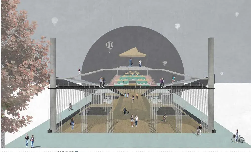 Section of a dome-shaped bazaar with stepped seating, a market below and hot-air balloons above.