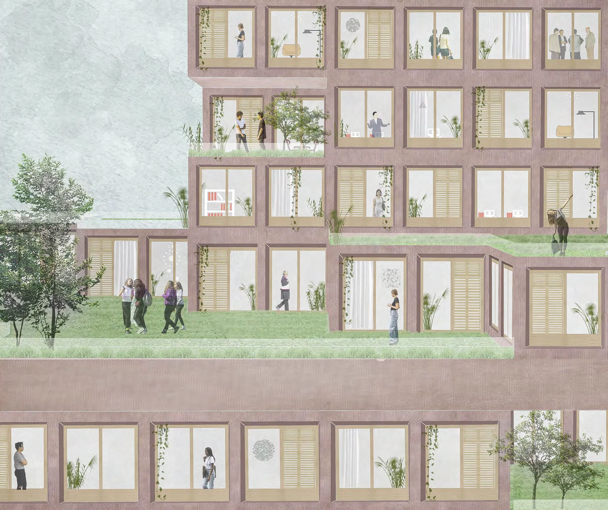 Brick-toned tower facade with timber shutters, green terraces and people at the windows.