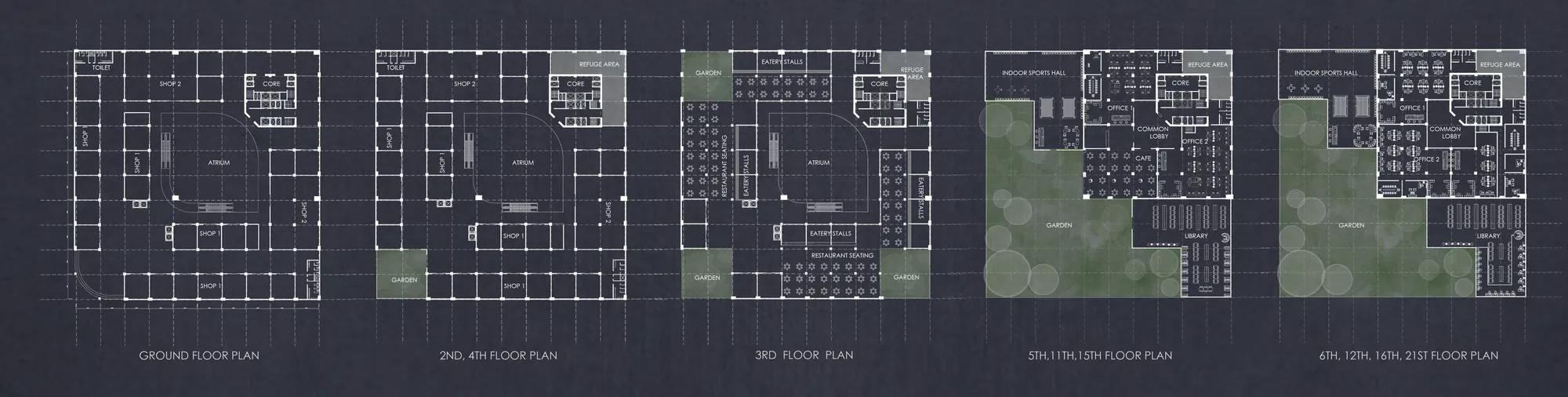 Five white-line floor plans on a dark ground, from retail floors to office floors with gardens.