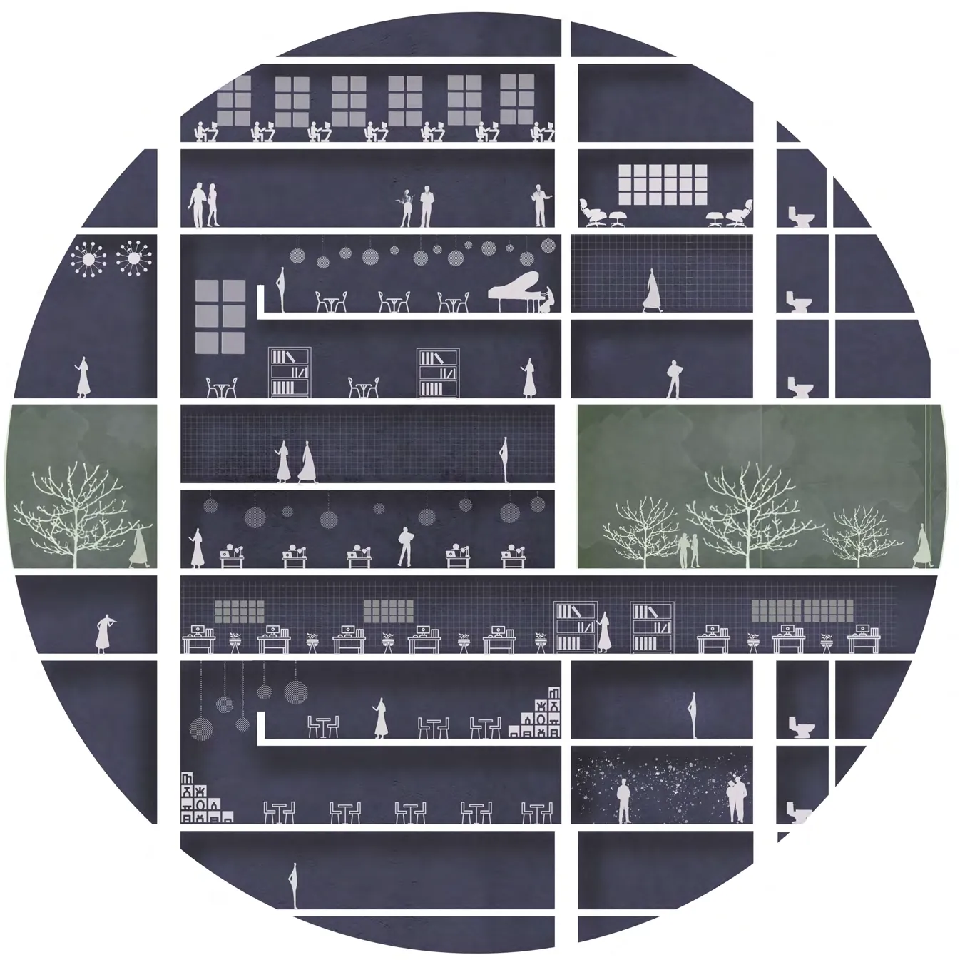 Circular section through stacked floors with tables, trees and gardens, in navy and white.