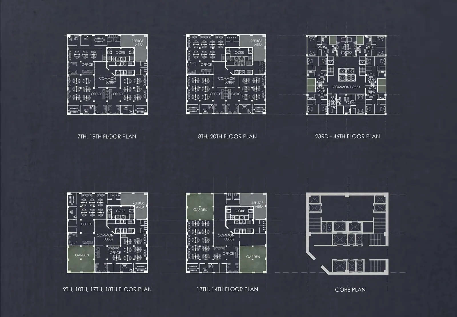 Six small white-line plans of office and residential floors and a core plan.