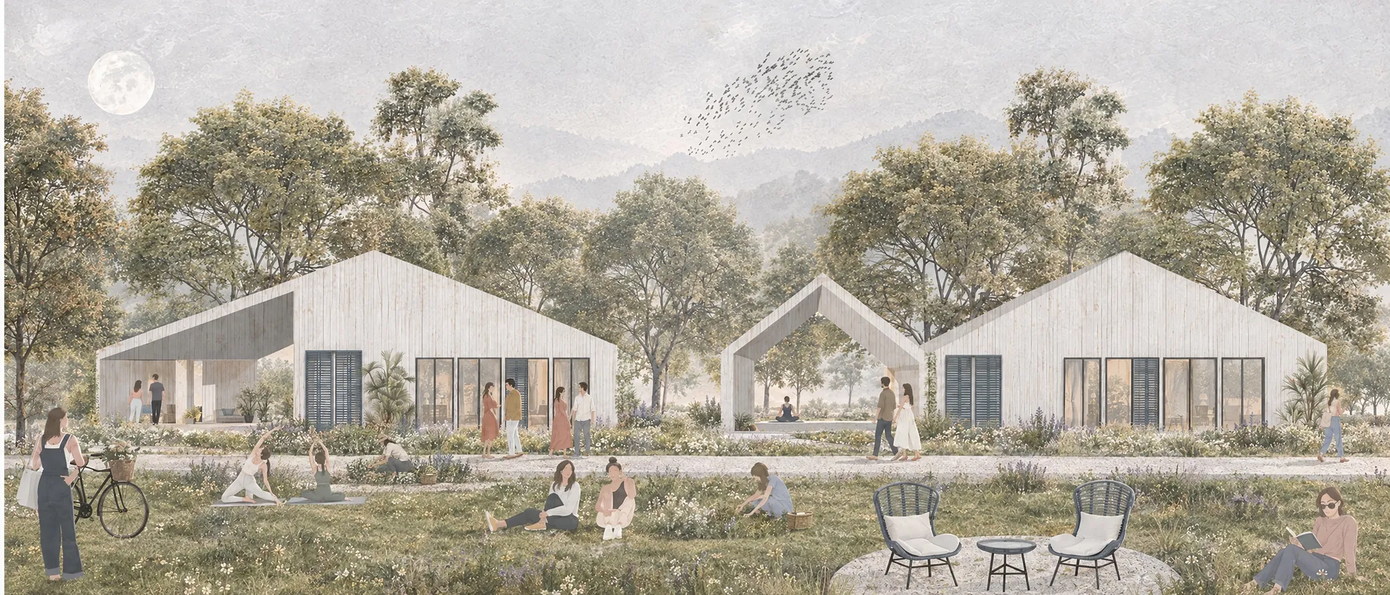 Three pale timber pavilions with pitched roofs in a wildflower meadow, with people doing yoga, gardening, reading and cycling, under a misty hillside and moon.