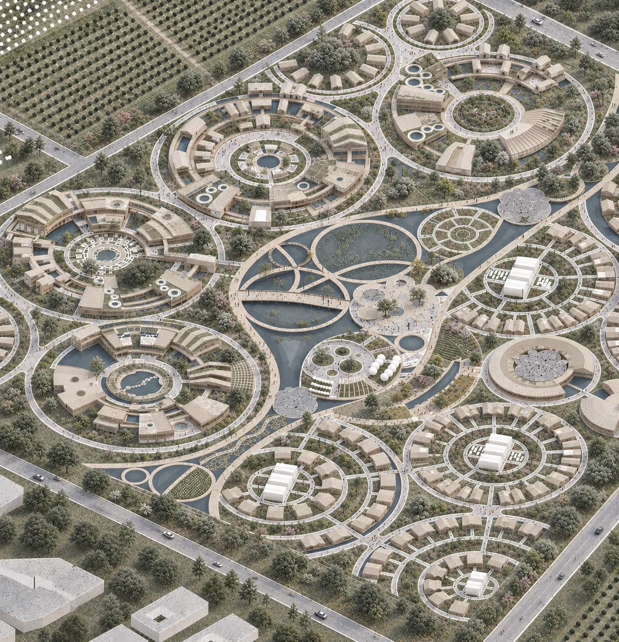 Aerial rendering of circular building clusters, ponds and winding paths set among fields and trees.