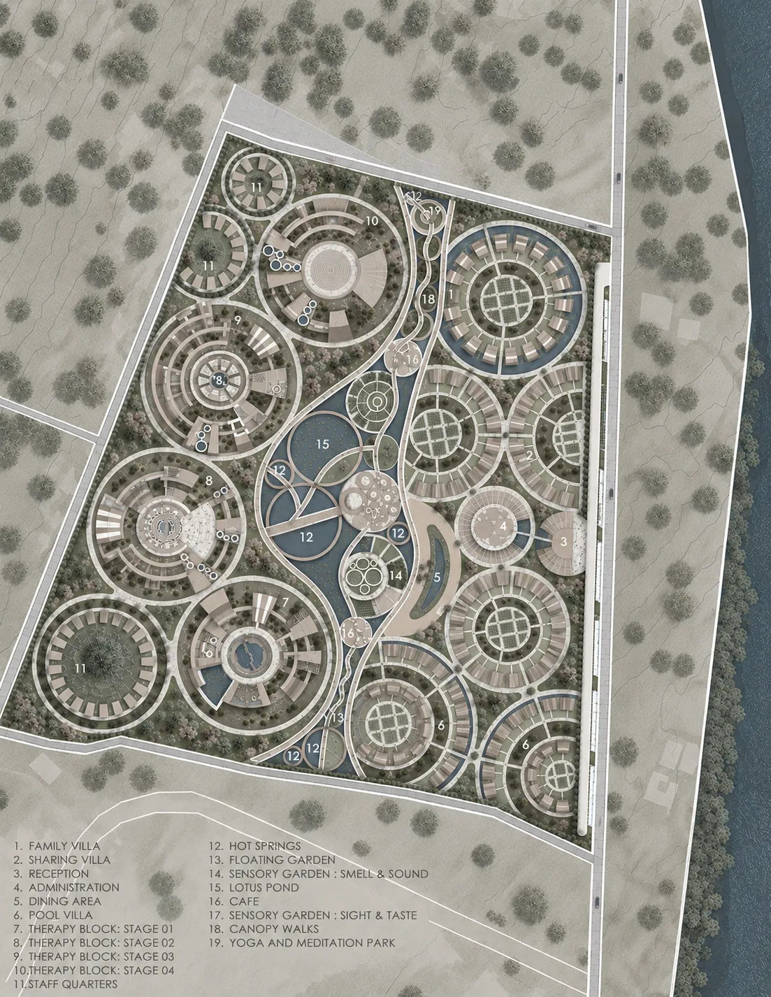 Rendered masterplan of circular clusters in a triangular site beside a river, with a numbered key.