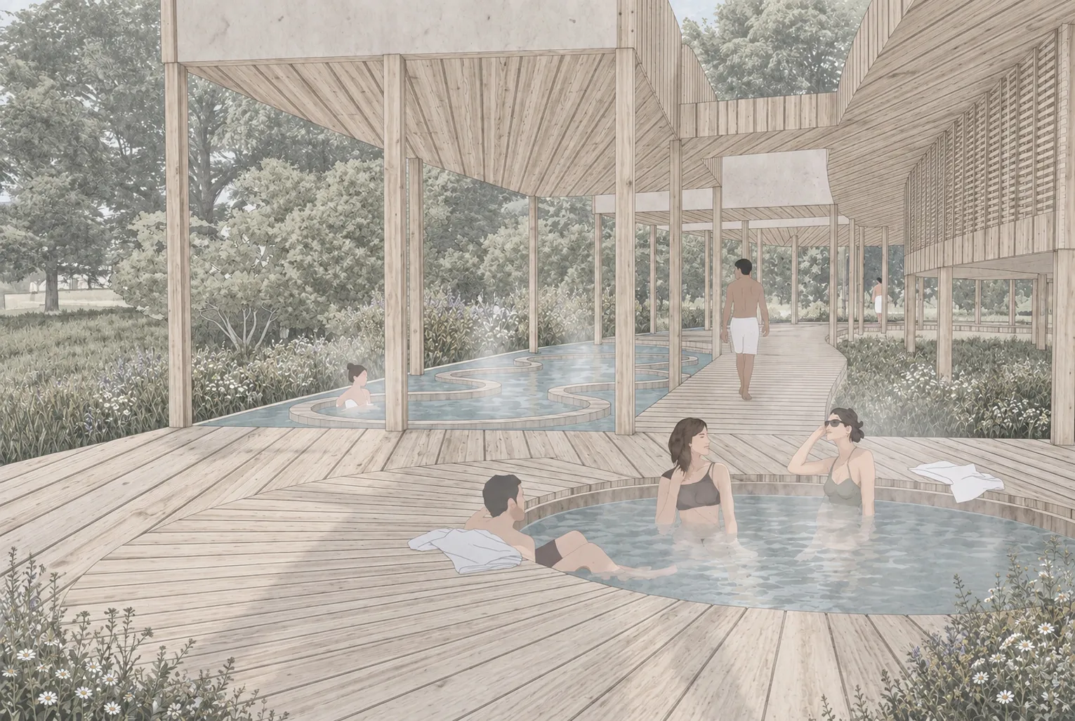 Timber bathing pavilion with hot pools, garden views and bathers.