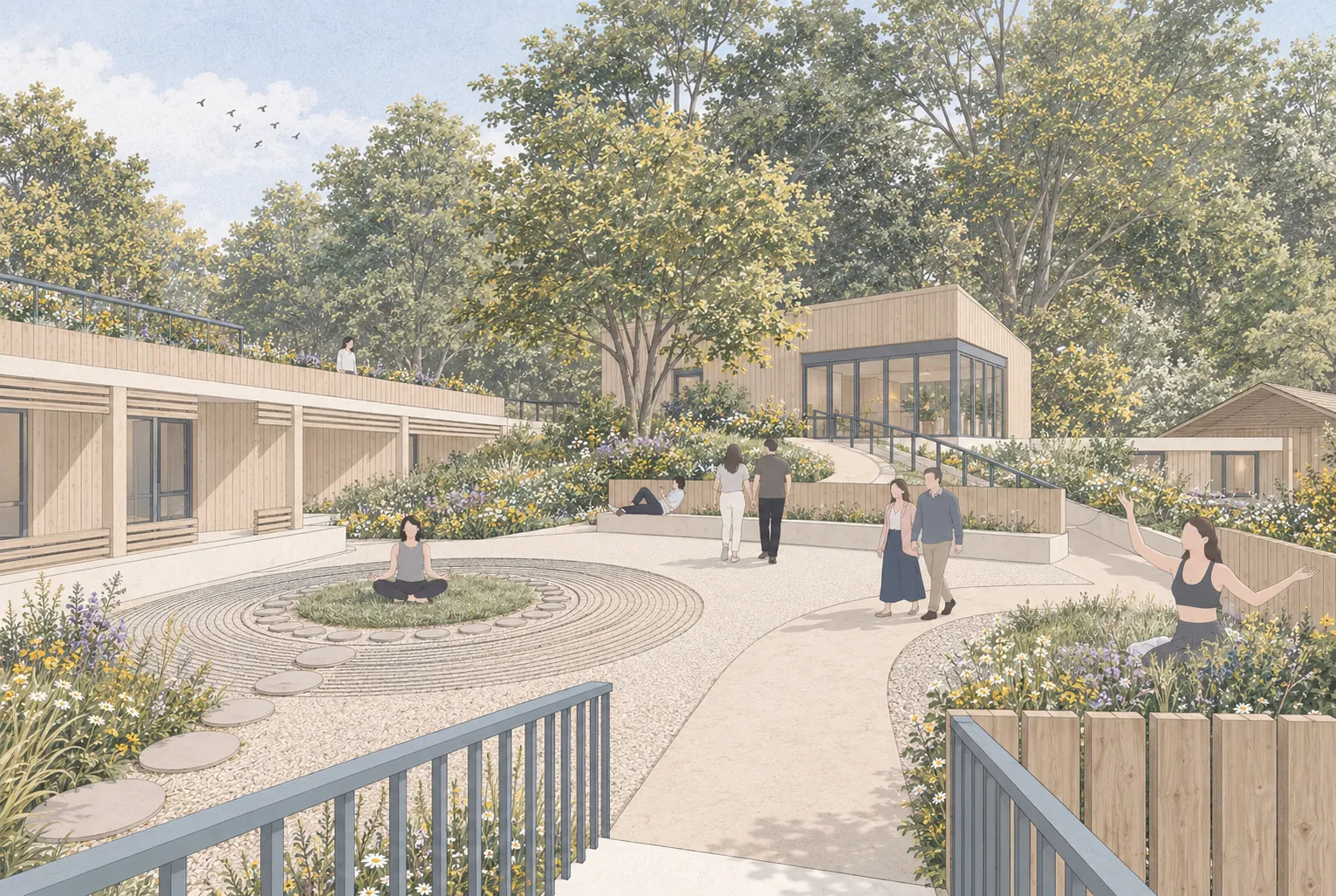 Courtyard with a stone circle, a person meditating, walkers and low timber buildings.