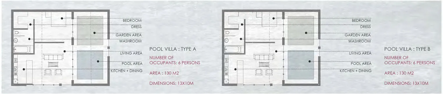 Two annotated floor plans of pool villas.