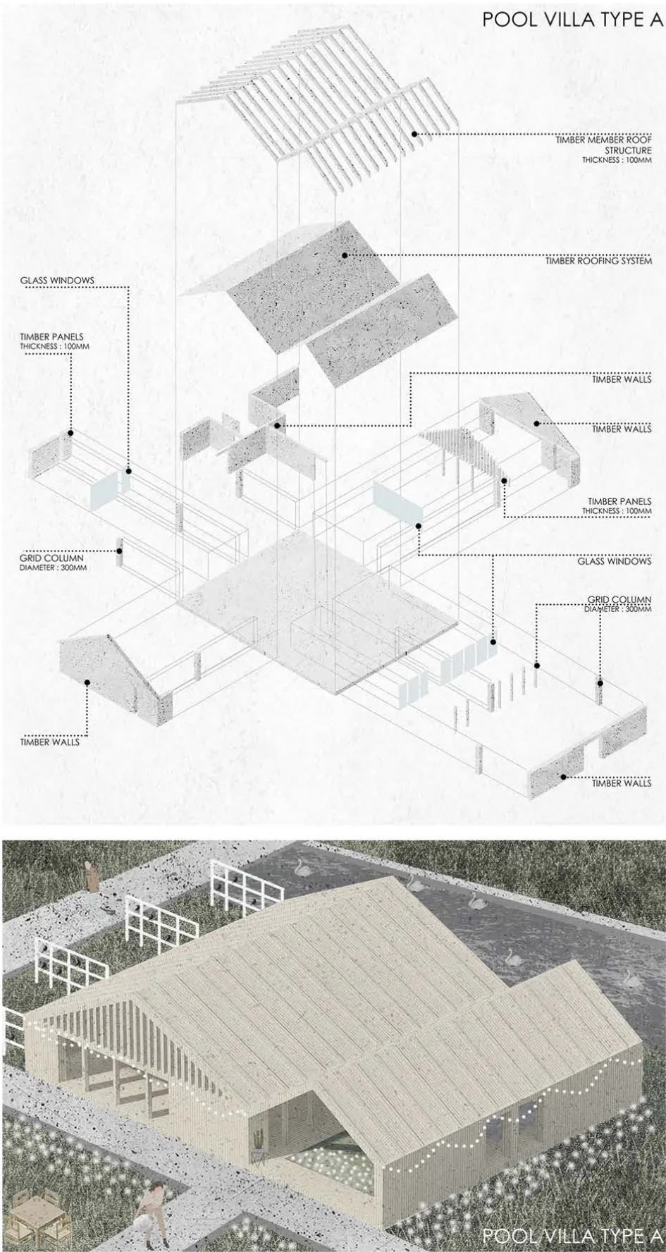 Exploded axonometric of a pool villa above an aerial view of the finished villa.