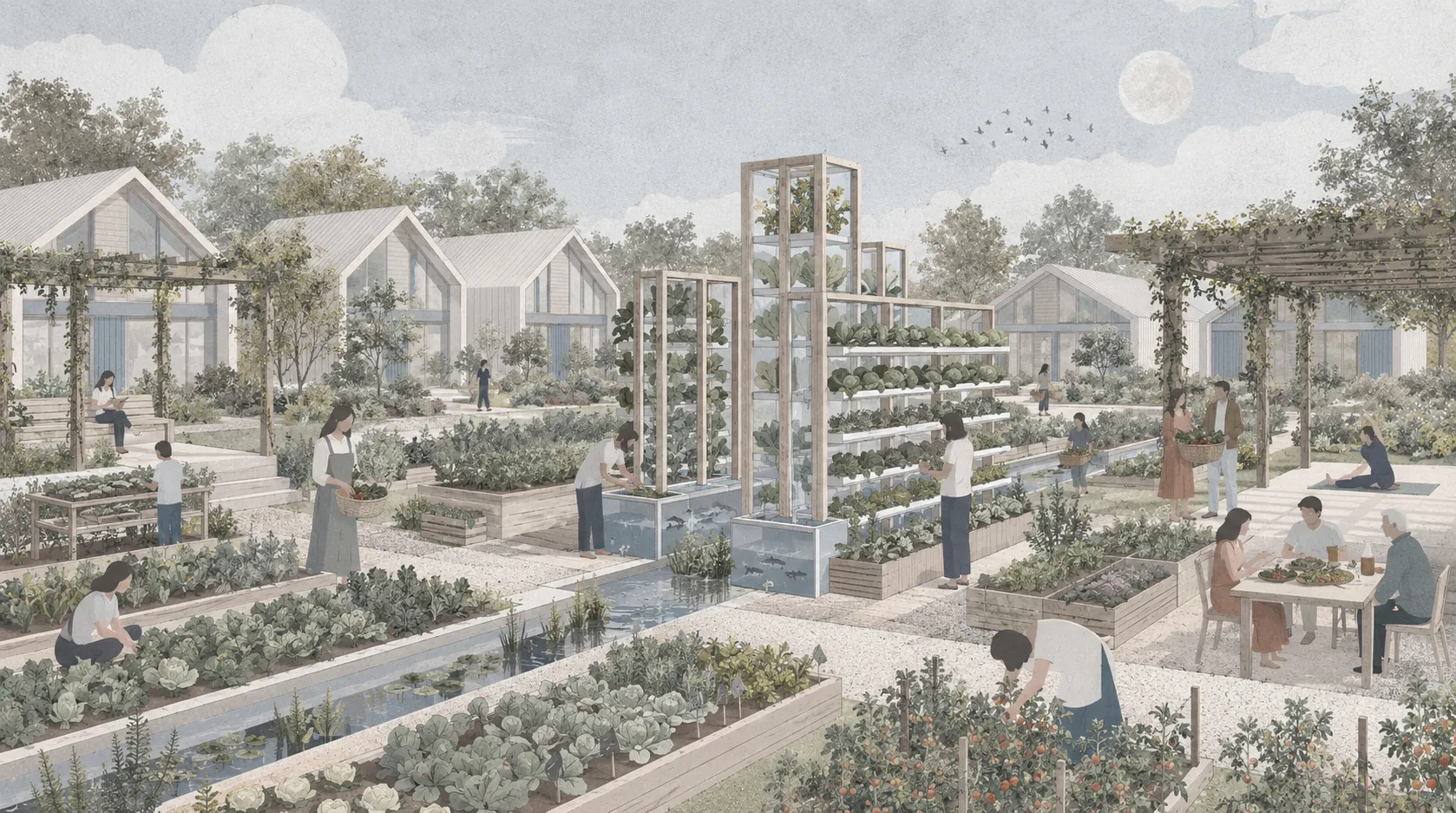 Raised vegetable beds, a canal and tall aquaponic towers with residents harvesting, tending and eating together.